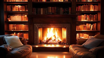 empty of  This dark wood library has a fireplace and shelves full of old books; it has a dark wood library
