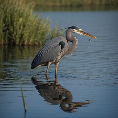 A heron fishing in a calm, reflective lake.