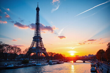 Eiffel Tower Paris sunset Seine River iron latticework sky hues