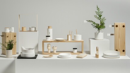 Fototapeta premium Elevated View of Tidy Product Promotion Stand, Highlighting Array of Items with Attention-Grabbing Price Tags in Sleek Minimalist Setting. 