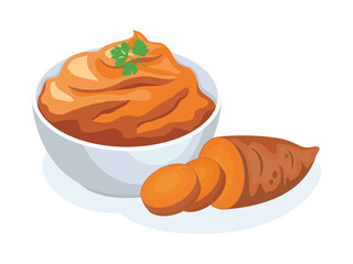 Mashed Sweet Potatoes in a bowl vector illustration. Mashed sweet potatoes side dish meal icon vector isolated on a white background. Bowl of mashed potatoes with parsley drawing
