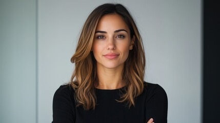 Fototapeta premium Professional woman poses confidently for a portrait session in a modern studio