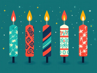 Colorful candles with unique patterns and glowing flames create festive atmosphere