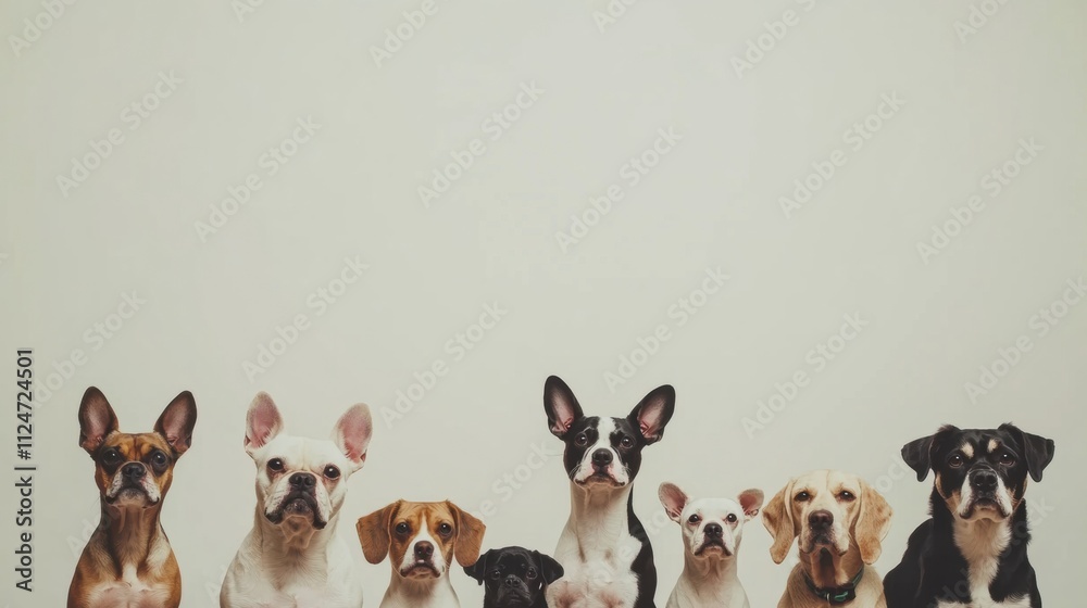 Poster a variety of dogs in different breeds and sizes sit together, displaying their unique characteristic