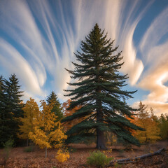 Tall evergreen tree surrounded by autumn foliage beneath swirling clouds at sunset, creating a dramatic landscape, copy space
