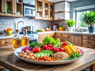 Architectural Photography of a Healthy Eating Plate with Fresh Ingredients Displayed in a Modern Kitchen Setting, Emphasizing Nutritional Balance and Aesthetic Appeal for Culinary Inspiration