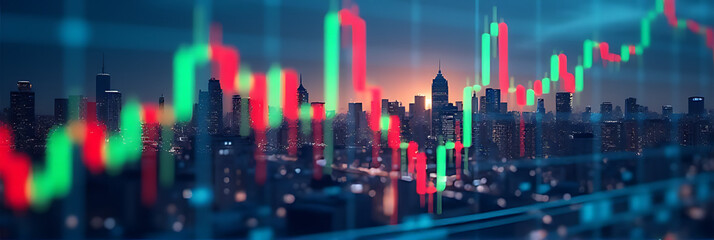 Candlestick graph overlaid on a cityscape with a stock market screen and financial indicators for investment and trading concepts._00001_