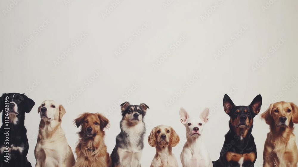 Poster a diverse group of dogs sits side by side, showcasing different breeds and sizes against a clear bac