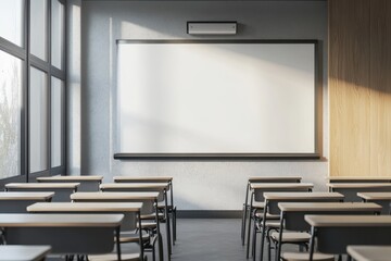 Classroom interior with empty desks and a whiteboard ready for learning during daytime hours