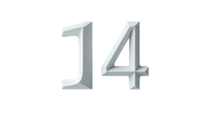 Three-dimensional white number fourteen on a light gray background in a minimalist design on transparent background