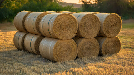 Golden Hay Bales Stacked in a Rural Field at Sunset, Capturing the Tranquil Beauty of Agricultural Landscape and Summer Harvest in the Countryside