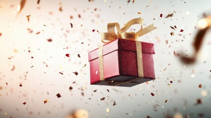 Fototapeta premium Festive Red Gift Box with Golden Ribbon and Confetti