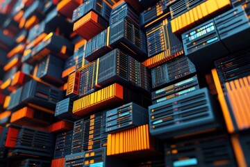 Visual representation of a futuristic data center with vibrant orange and blue digital structures
