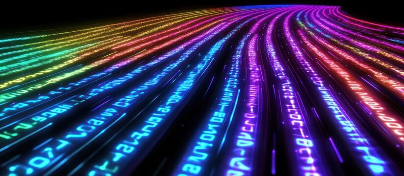 A digital highway of glowing binary code cascading in bright neon lines, against a dark high-tech backdrop, visualizing the flow of data in a futuristic setting 