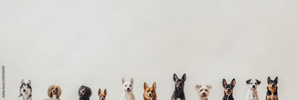Poster A diverse group of dogs of different breeds sits calmly together, facing the camera, with ample space for additional text insertion. Generative AI