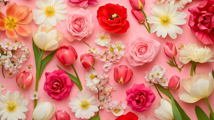 Cheerful Floral Arrangement with Roses, Tulips, and Daisies on a Pink Background, Vibrant Spring Flowers for Wedding and Home Decor Inspiration