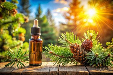 Architectural Photography of Bach Flower Remedy with Pine Extract, Brown Bottle, Glass Pipette, and Natural Elements Emphasizing Emotional Healing in a Serene Setting