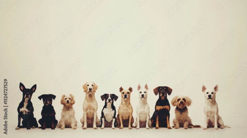 Poster A collection of dogs of different breeds and sizes are sitting side by side on a neutral background, providing room for text insertions. Generative AI