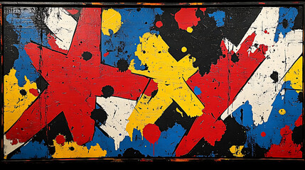 Fototapeta premium Abstract Starburst Painting Red Yellow Blue White Black Canvas Modern Art