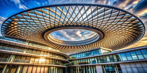 Fototapeta premium Architectural Photography of Modern Building with Circular Design Elements and Innovative Roof Covers, Showcasing Unique Structures in Urban Environments