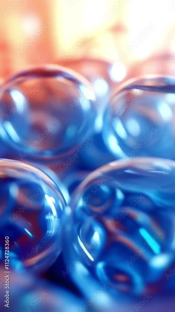 Poster Vertical composition with spherical transparent glass objects surrounded by bright highlights. Cold and warm tones create an effect of depth through blur and sharpness