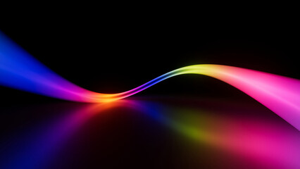 3d rendering of a multicolored neon curved line glowing in the dark. Blurry floor reflection. Abstract synthwave background
