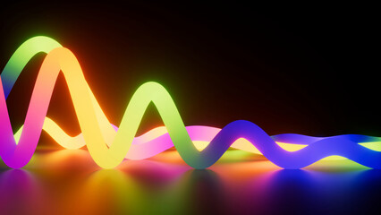 3d render. Abstract background. Glass tubes neon lamps, glowing with multicolored light