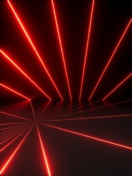 3d render, abstract minimalist background. Red neon light, laser lines, infrared rays