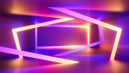3d render of an empty room with glowing neon frames and lines. Vibrant colors. Abstract geometric...