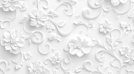 Fototapeta premium A textured white floral relief design featuring intricate flowers and swirls, ideal for elegant backgrounds or decorative purposes.