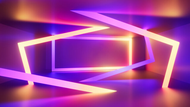 3d render of an empty room with glowing neon frames and lines. Vibrant colors. Abstract geometric background. Futuristic wallpaper of laser show