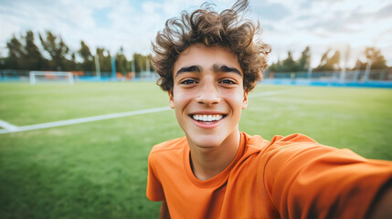 Smiling Teen Athlete Taking a Selfie on a Soccer Field, Capturing the Joy, Energy, and Fun of Youth Sports in the Outdoors on a Sunny Day
