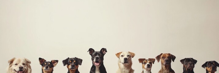 A variety of dogs of different breeds and sizes sit together with happy expressions in a well-lit indoor space. Generative AI