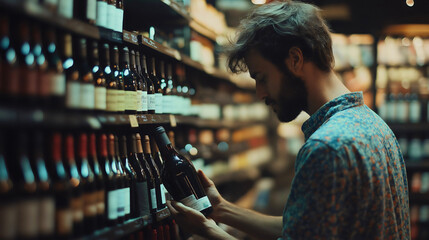 Man Exploring Wine Selection in a Modern Store, Reviewing Bottles and Enjoying the Wine Shopping Experience with a Stylish, Casual Approach