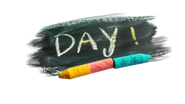 Colorful chalk on a blackboard surface announces a special day in a creative and playful way on transparent background
