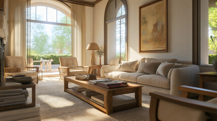 Fototapeta premium Cozy and Bright Modern Living Room with Comfortable Sofa, Wooden Table, and Elegant Decor, Creating a Relaxing, Spacious, and Inviting Family Space with Natural Light