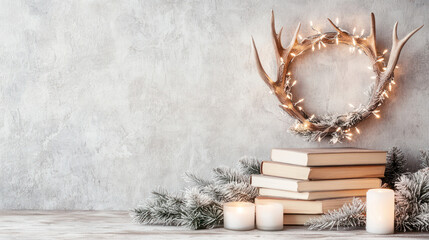 Antler wreath with fairy lights surrounded by festive decorations, candles. Christmas holiday theme