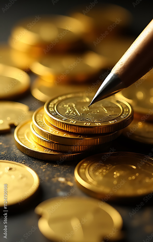 Poster a set of gold coins lies stacked together, carefully cut into precise shapes with sharp tools._00001