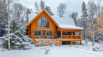 Cozy Log Cabin in a Winter Wonderland, Surrounded by Snowy Trees and Serene Forest Landscape, Offering a Rustic, Eco-Friendly Retreat for a Peaceful Getaway