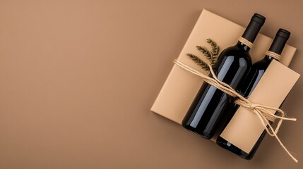 A stylish wine basket with two bottles sits against a warm, minimal background, perfect for advertising wine products in a shop
