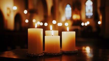 elegant advent candles with warm glow in a serene church interior, highlighting spiritual ambiance, religious tradition