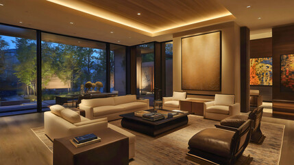 Modern Luxury Living Room with Elegant Seating, Ambient Lighting, Artistic Wall Decor, and Natural Elements for a Spacious, Cozy, and Inviting Space