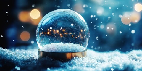 christmas snow globe on snowy surface with falling snowflakes and glittering blue abstract background