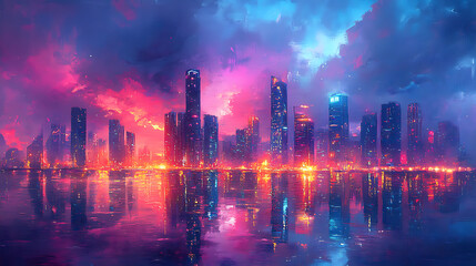 Neon Cityscape at Dusk: Vibrant Reflections on Serene Waters