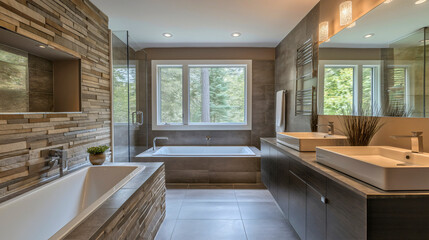 Modern Bathroom with Tub, Shower, and Wooden Accents, Featuring Natural Light, Clean Lines, and Elegant Finishes for a Relaxing, Spa-Like Atmosphere