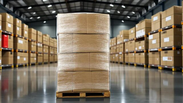 Pallet stacked with cardboard boxes standing in warehouse
