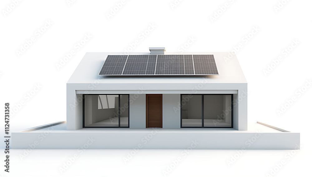 Poster a modern house equipped with solar panels is set against a clean and minimalist white backdrop in th