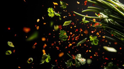 Vibrant explosion of green herbs and spices against black background.