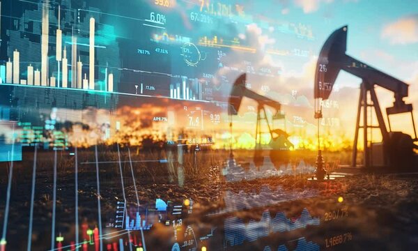 An oil pumpjack against a sunset, overlaid with digital financial data and graphs.