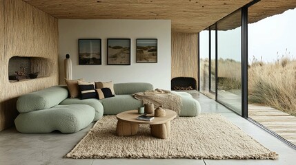 This image features a cozy Scandinavian living room with soft green furniture, natural materials, and a view of grassy dunes outside, reflecting minimalist design principles.